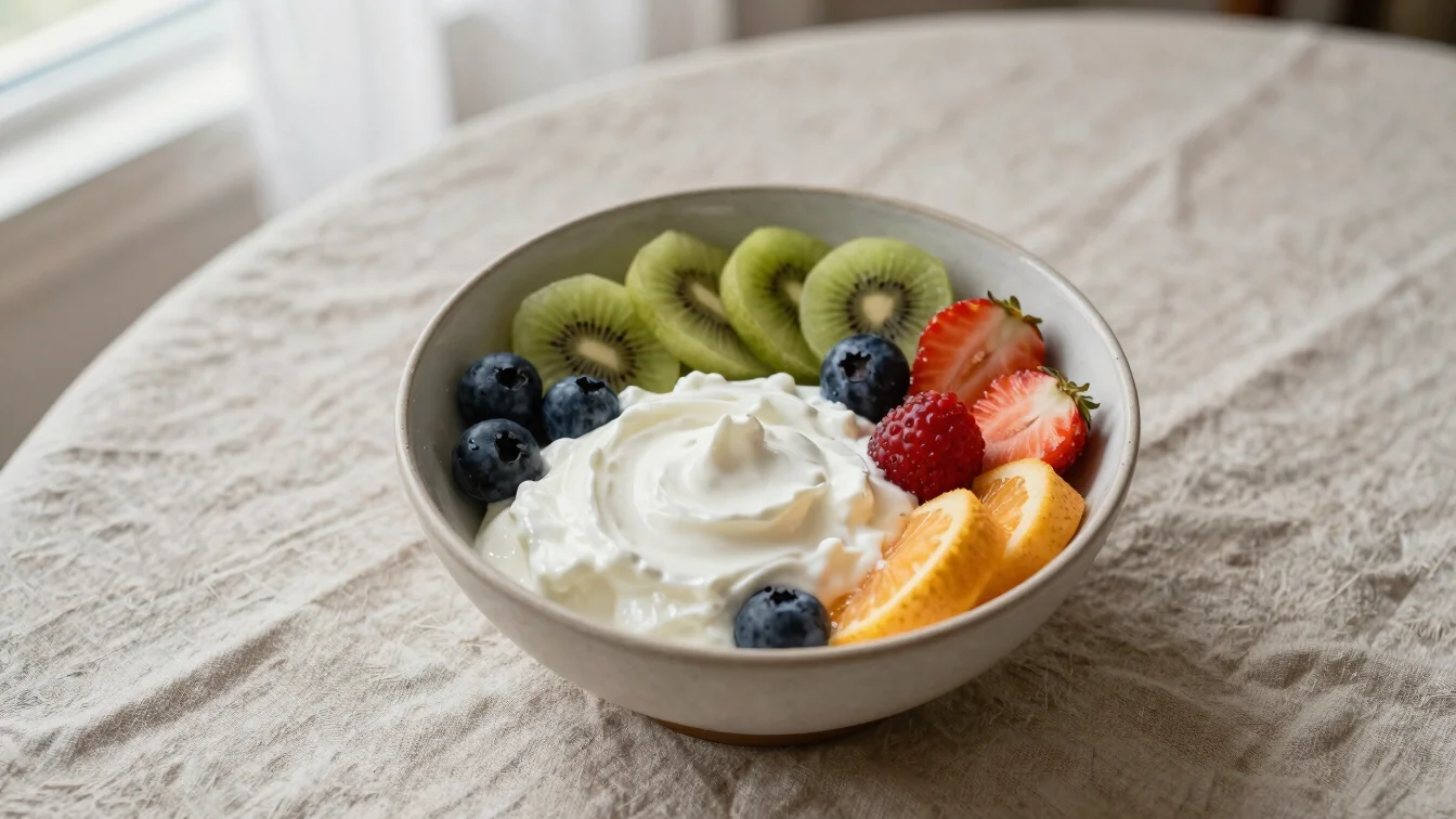 Overhead flat-lay of a wholesome breakfast bowl with Greek yogurt