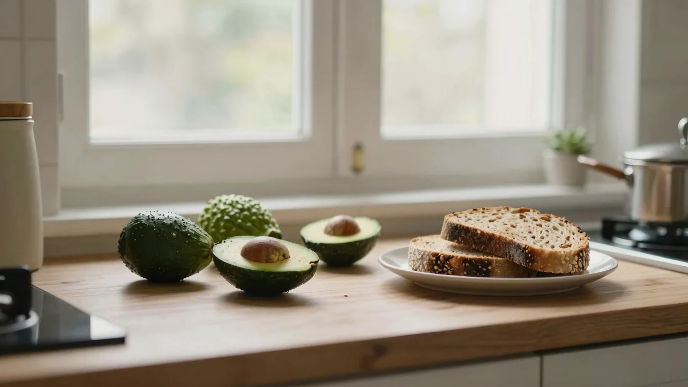 A cozy kitchen setup with fresh whole foods, avocado, and whole-g
