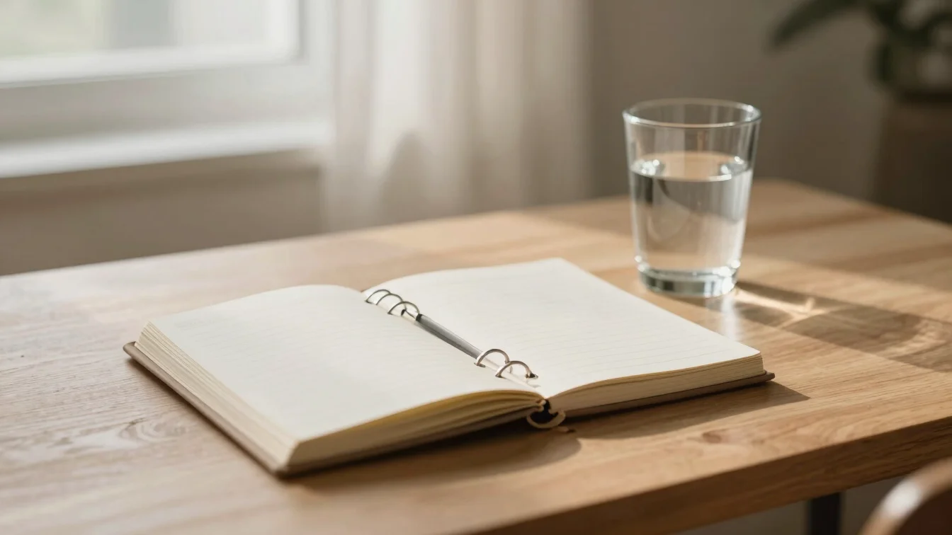 A quiet morning moment with a linen-bound planner and a glass of