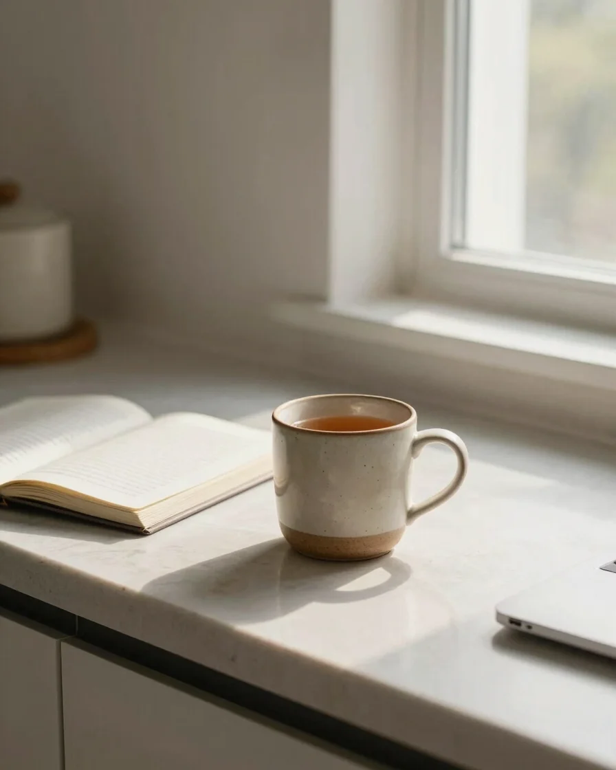 Quiet morning kitchen counter with a ceramic mug of warm tea, a wellness journal, and soft natural window light, editori