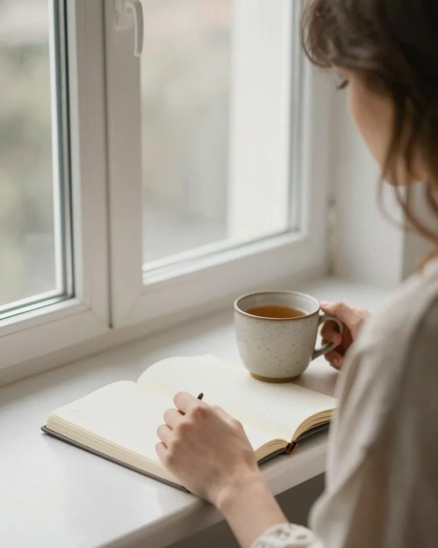 Quiet morning routine, a woman journaling next to a ceramic mug of warm tea by a sunlit window, soft neutral tones, 35mm