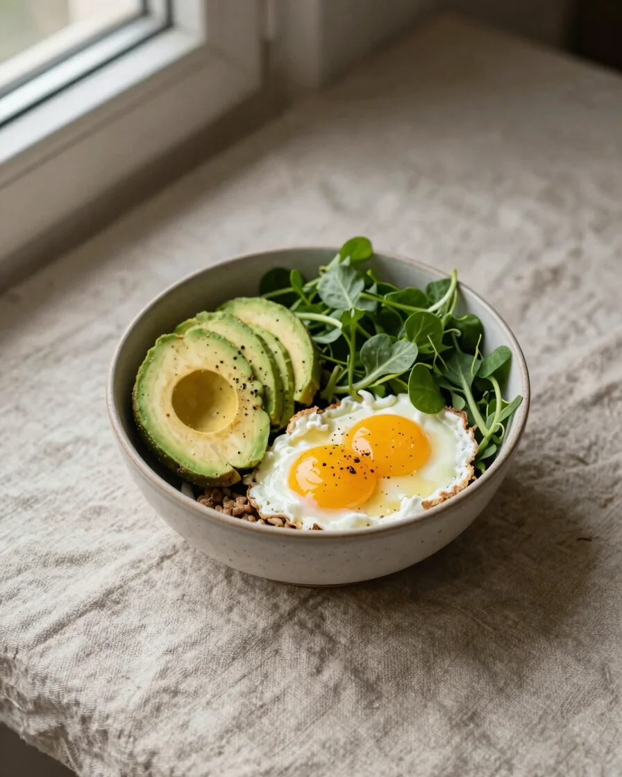 Overhead flat-lay of a high-protein breakfast bowl with eggs, avocado, and greens on a warm neutral linen surface under
