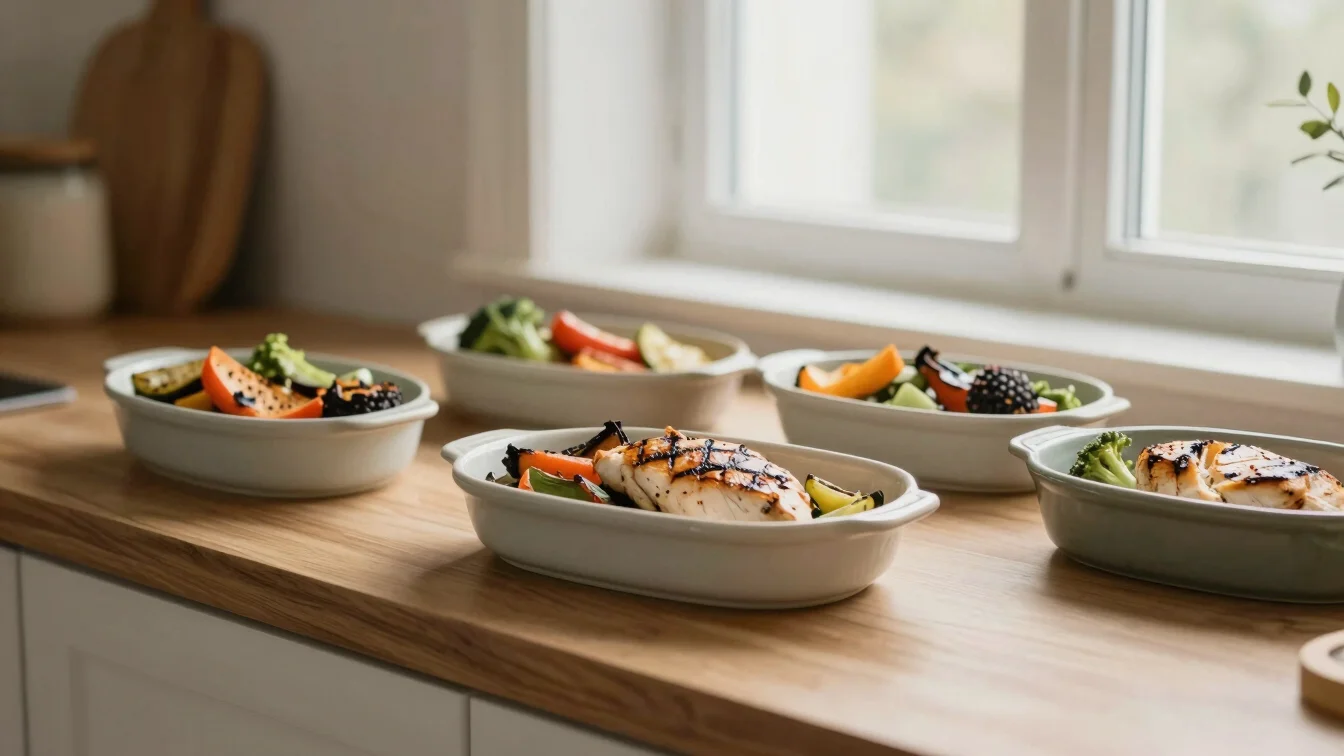 Fresh roasted vegetables and grilled chicken breast in ceramic containers on a warm wooden kitchen counter.