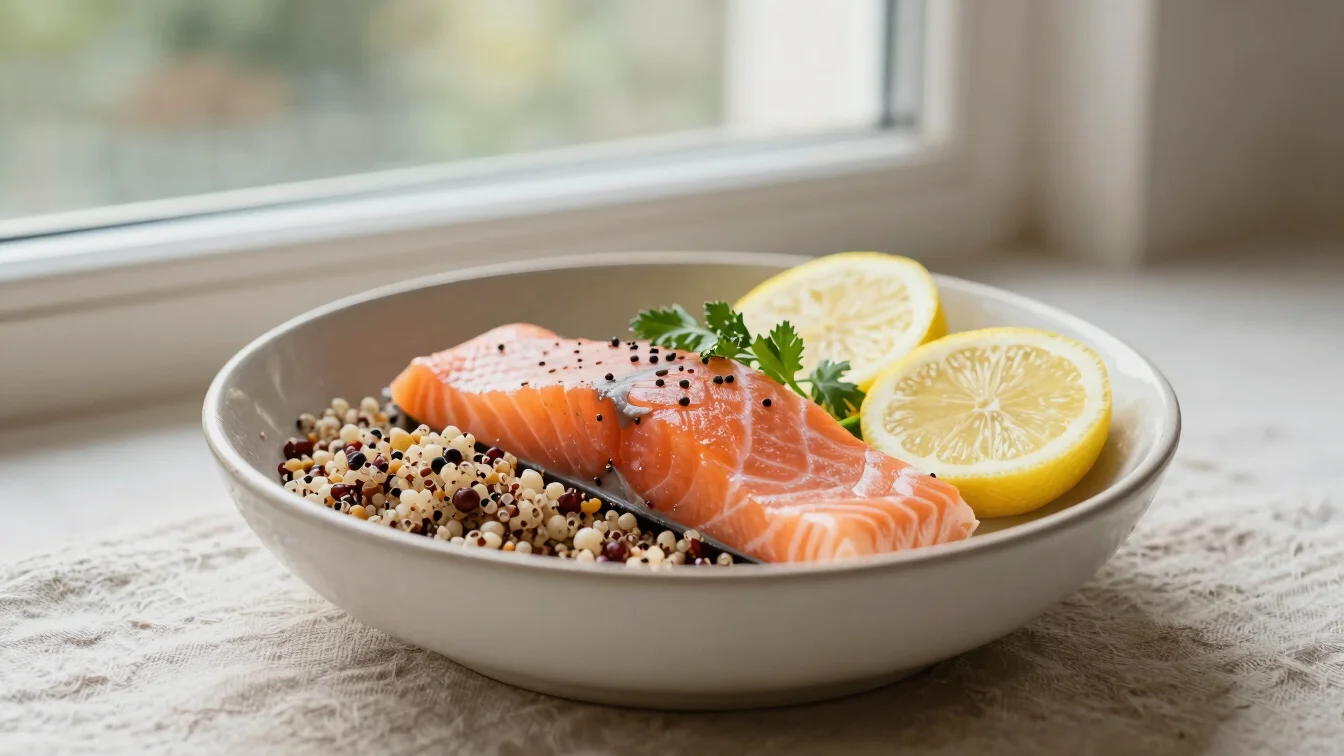 Close-up of a vibrant salmon and quinoa bowl garnished with fresh herbs and lemon slices in natural window light.