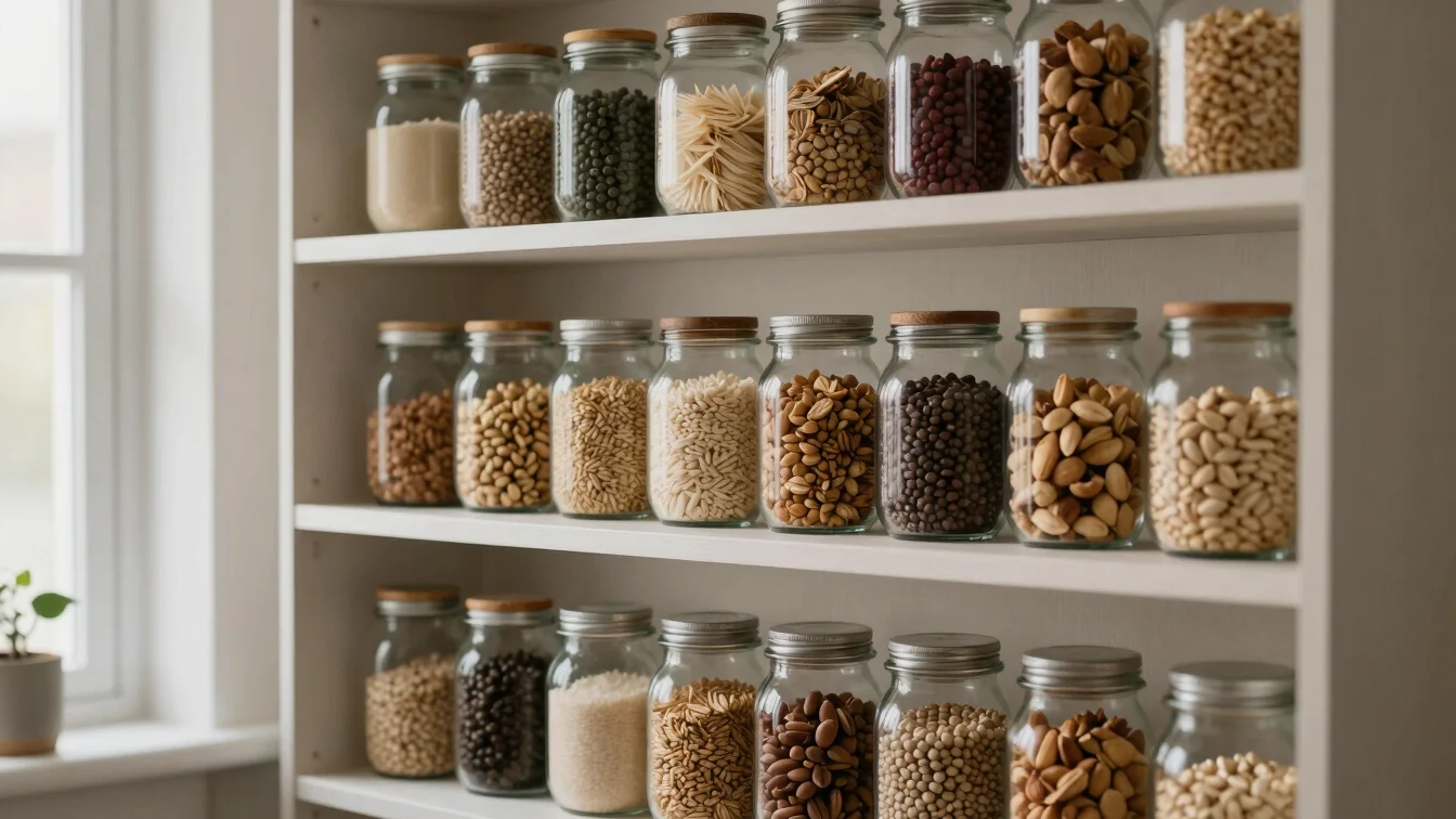 A cozy kitchen pantry shelf neatly organized with glass jars of grains, nuts, and whole foods.
